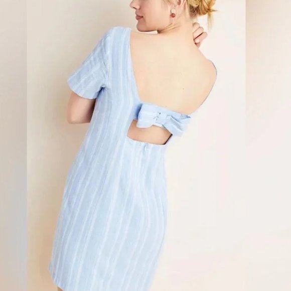 By Anthropologie Cape May Blue Stripe Linen Dress - Sz. 12 - Picture 2 of 6